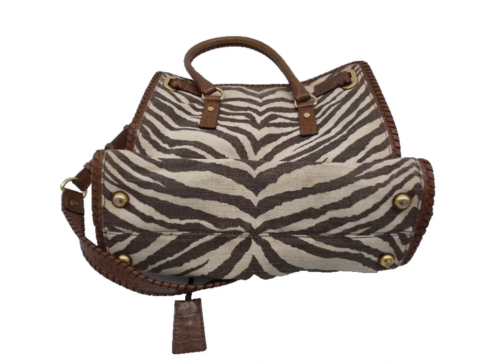 Michael Kors Hamilton Whipped Zebra Canvas Satchel Bag Brown Croc Leather Gold
